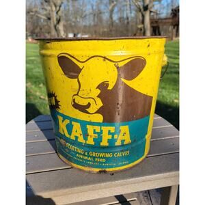 Kaffa Kaff-a Feed Calf Starter Vintage Metal Bucket Farm Cow Sign Pail Feed Seed